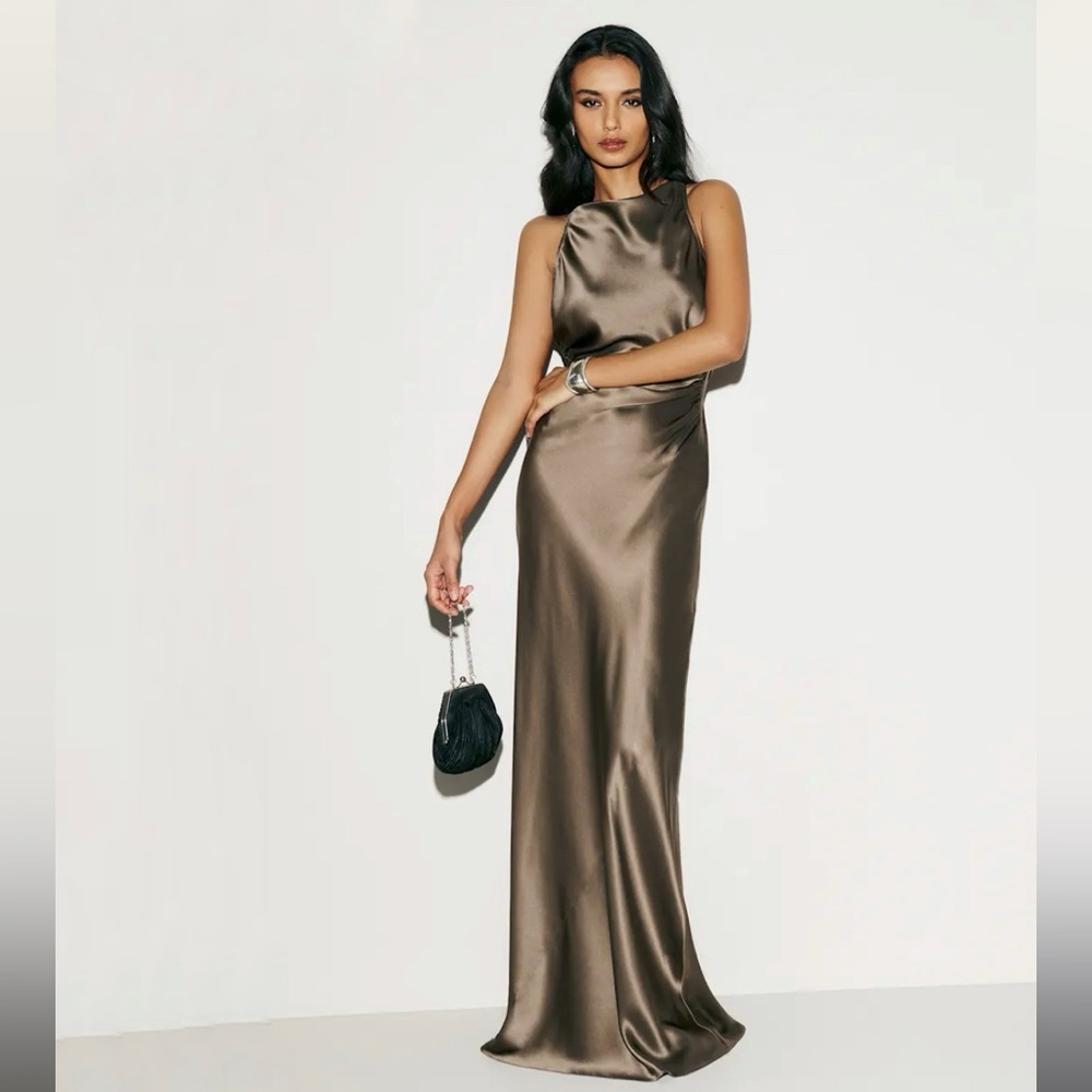 Reformation Elegant Satin Evening Gown Anaiis Silk Dress Morel NWT size 8 New